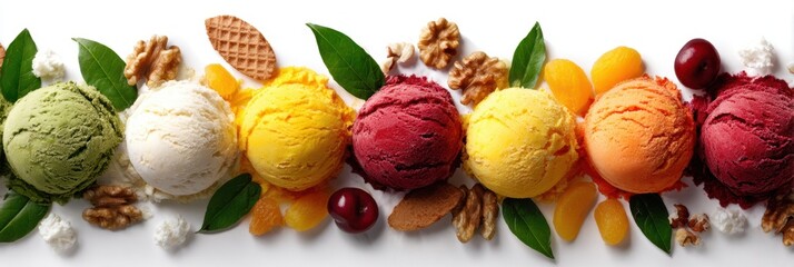 Colorful Ice Cream Scoops Arranged Elegantly on a White Surface