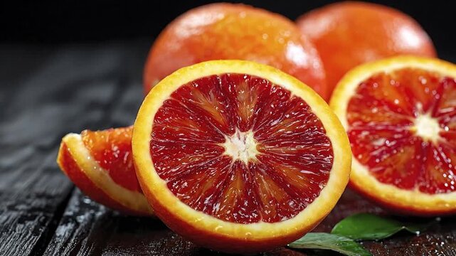 This vibrant close-up captures fresh, ripe blood oranges, meticulously arranged on a dark, rustic wooden surface. Several oranges are sliced in half, showcasing their rich, ruby-red pulp and juicy tex