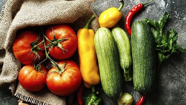 This vibrant, overhead shot displays a colorful array of freshly harvested vegetables, glistening with water droplets, artfully arranged on a textured dark surface. Ripe red tomatoes on the vine, brig