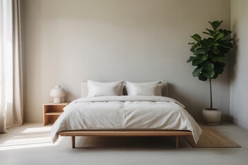 Minimalist bedroom with a white bed and a large green plant