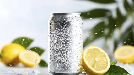 This vibrant video captures a chilled beverage can, glistening with condensation and water droplets, surrounded by fresh, bright yellow lemons and lush green leaves. Dynamic splashes of water dance ar - Powered by Adobe