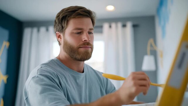 Contractor applying finishing touches like wall decals, curtains, and decorative elements, illustrating interior aesthetics, attention to detail, and creating a welcoming nursery space.