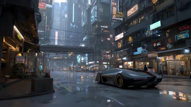 Futuristic cyberpunk alleyway with neon advertisements reflecting on rain-soaked pavement, sleek hovercars passing by, and pedestrians wearing cybernetic enhancements, symbolizing a high-tech urban