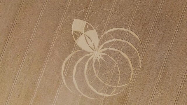 Aerial 4K footage video clip of a mysterious, intricate, geometric crop art, crop circle formation in a wheat/barley field near Cerne Abbas, Dorset, England, UK in 2025
