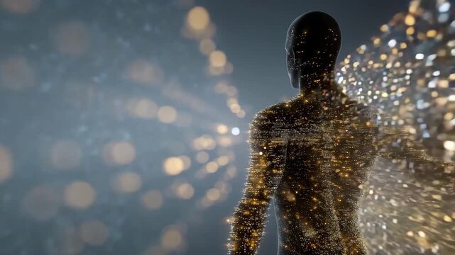Human silhouette slowly dissolving into millions of glowing particles of light and cascading code, representing anonymous identity, the transformation of self into digital anonymity, the secrecy of