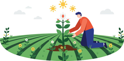 Person Growing Plant with Sunlight in Green Agricultural Field Farming and Gardening Vector Illustration 