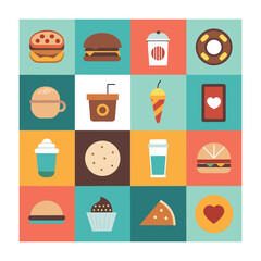 Retro color block food graphics featuring burgers coffee pizza cupcakes smoothies desserts vibrant flat design elements