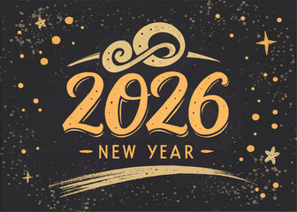 Illustration of the year 2026 with a decorative swirl and stars on a dark textured background
