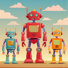 retro robots are standing side by side, vector cartoon illustration
