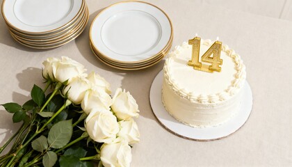 Ivory themed 14th wedding anniversary cake with roses