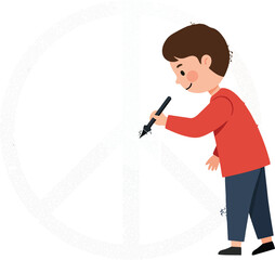Boy drawing peace symbol with marker in red shirt and blue pants vector illustration 