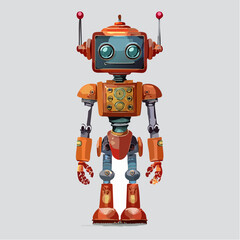 retro robots are standing side by side, vector cartoon illustration