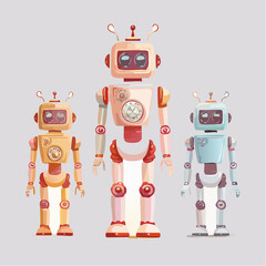 retro robots are standing side by side, vector cartoon illustration