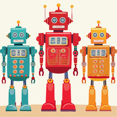 retro robots are standing side by side, vector cartoon illustration