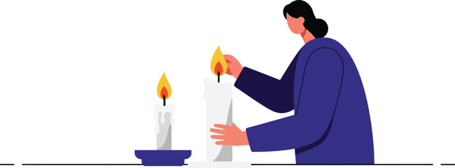 Person lighting white candles with blue candle holder in simple minimal style vector illustration 