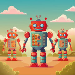 retro robots are standing side by side, vector cartoon illustration