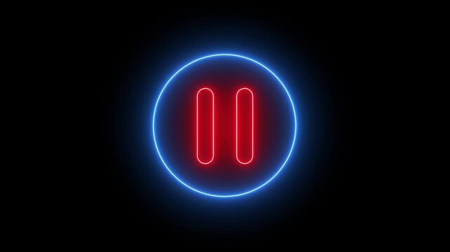 Glowing neon blue and red color media player pause icon animation sign symbol on black background.