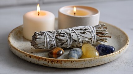 Smoldering white sage bundle on a ceramic plate, accompanied by healing crystals and a lit candle, evokes a sense of tranquility and spiritual cleansing