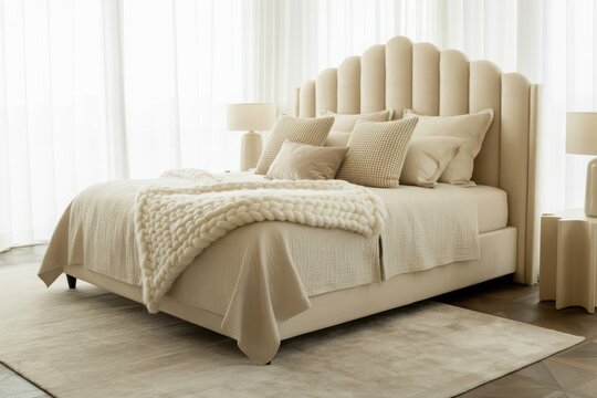 Elegant tufted upholstered bed with plush pillows and cozy blanket