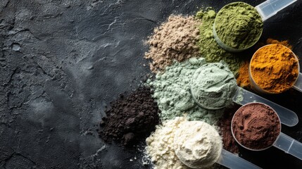 Sports nutrition supplements on a black background. Fitness, bodybuilding, healthy lifestyle concept. Whey protein powder in measuring scoop. Copy space