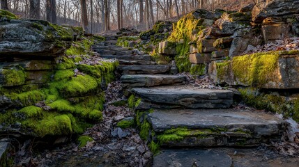 Stone Steps Leading Upward through a Mossy Forest Pathway