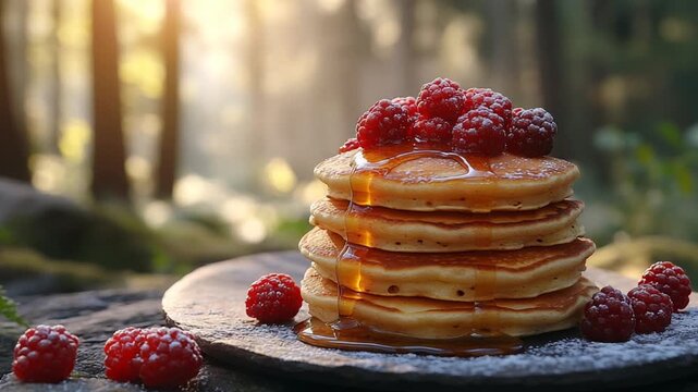 Delicious stack of pancakes with raspberries and syrup in a sunny forest.
