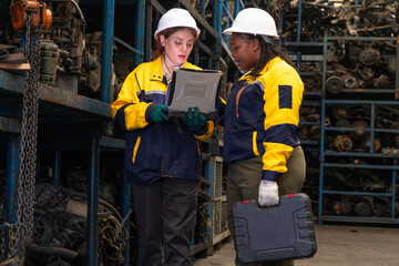Caucasian female foreman holds a laptop and discusses work with a black female toolbox worker in a factory. The two team members check the inventory of car parts and perform engine maintenance duties.