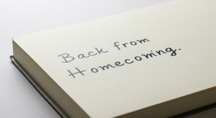 Notebook with the handwritten note "Back from Homecoming" on the cover, against a light background