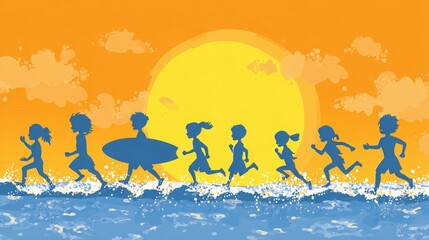 Summer vacation for kids involves an active lifestyle with outdoor water sports like surfing and swimming lessons at a surf camp. silhouette concept