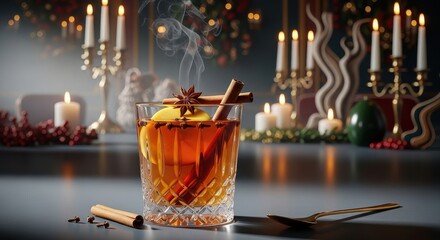 Naklejka premium Warm mulled wine in a crystal glass, infused with cinnamon sticks and star anise, served with a festive holiday background of candles and decorations, creating a cozy atmosphere