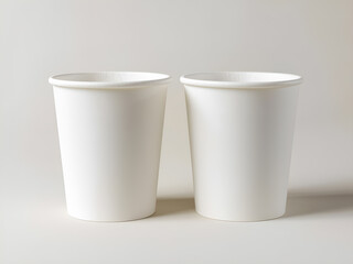 Two Minimalist White Paper Cups Stacked on a White Background with Soft Lighting for an Eco-Friendly Packaging Design Concept and Simple Aesthetics