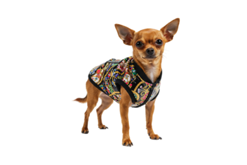 A small Chihuahua standing upright wearing a colorful designer jacket, looking at the camera confidently like a model, studio lighting, white background, no shadow, hyper-realistic 8k fashion photogra