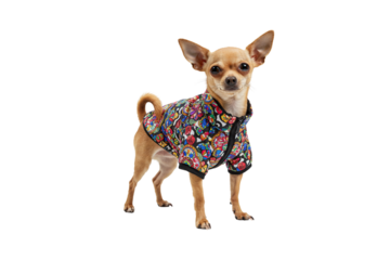 A small Chihuahua standing upright wearing a colorful designer jacket, looking at the camera confidently like a model, studio lighting, white background, no shadow, hyper-realistic 8k fashion 