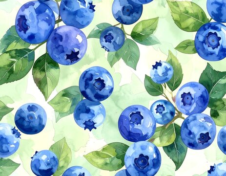 Watercolor illustration of fresh blueberries and leaves against a soft background
