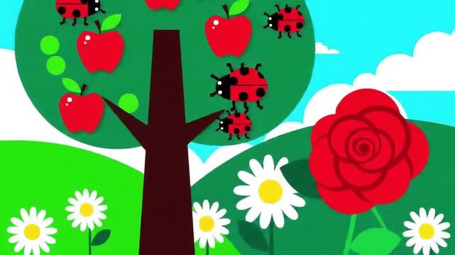 Cartoon tree with red apples and ladybugs on green background
