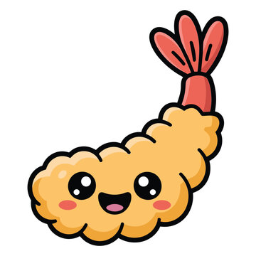 Cute kawaii ebi fry shrimp tempura character with big eyes and happy smile