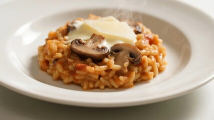 A plate of risotto with mushrooms and melted cheese, served hot.
