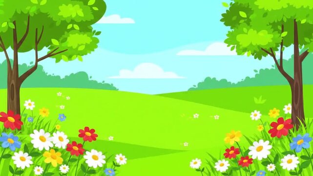 Cartoon landscape with trees flowers and grass in vibrant green and blue