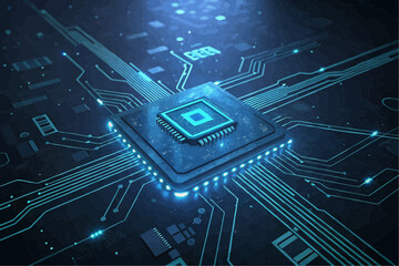 Close up of a central processing unit with blue light emitting from the circuit board and the chip