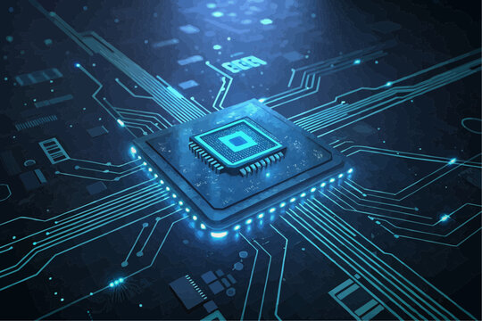 Close up of a central processing unit with blue light emitting from the circuit board and the chip