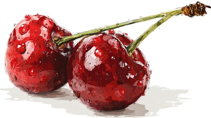 Two plump, glossy red fruit, each glistening with water droplets, connected by a green stem