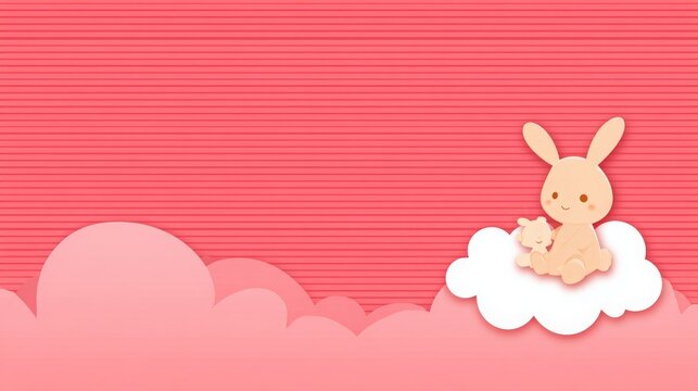 un fondo rosa pastel con decoracion infantil tierna y adorable con un conejo bebe sentado en una nube tarjeta para felicitacion o para invitacion de evento