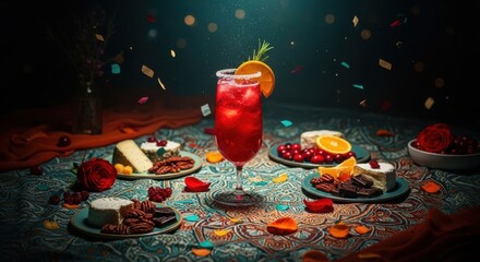 A vibrant red cocktail in a tall glass, adorned with an orange slice and mint, sits on a decorated table with small cakes, fruits, and confetti, creating a festive and celebratory atmosphere