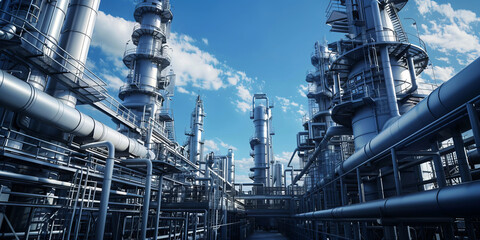 Fototapeta premium A refinery factory with futuristic architecture, sleek metallic structures, and advanced technology, showcasing a modern industrial design under a clear sky.