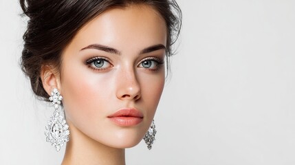Elegant portrait of a woman with fair skin, adorned with sparkling earrings and expertly styled makeup