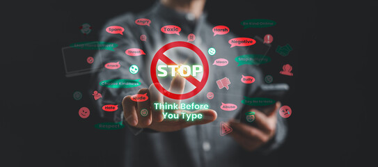 Digital concept showing a person using a smartphone with STOP cyberbullying message and online hate prevention symbols. Promotes kindness, respect, and positive communication in social media.