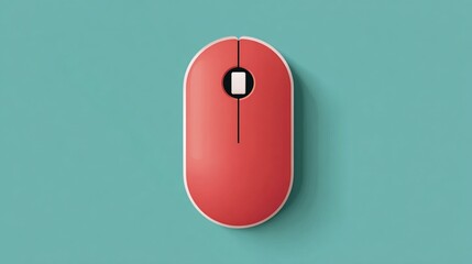 A vibrant, top-down view of a minimalist computer mouse, bright red, cast shadow on a teal background