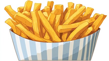 A cartoon rendering of a generous serving of golden-brown, fried potato sticks in a striped paper container