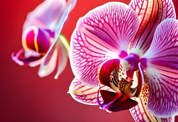 A stunning macro photograph of two vibrant pink and purple striped Phalaenopsis orchids in full bloom against a soft red background.