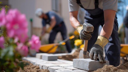 A team lays pavement stones for a walkway, with mallets tapping, stones aligning, a wheelbarrow of sand nearby, and a garden blooming in the background, captured in a detailed photo with stone